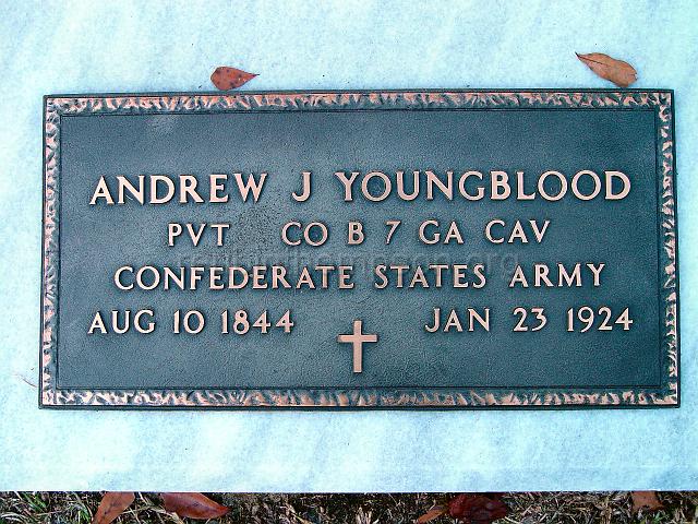 DSC01865.JPG - commemorative military marker showing Andrew Jackson Youngblood as a private in Company B of the 7th Georgia Calvary during the War Between the States; Andrew's brother Henry Youngblood also served in Company B of the 7th Georgia Calvary; Andrew and Henry were sons of Bartlett Youngblood