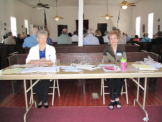 reubinthompson_org_15.jpg - Cousins were greeted at the church door by Rebecca Roghella (left) and Betty Jean Thompson (right).