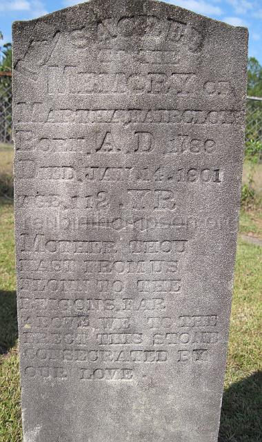 reubinthompson_org_87.jpg - Martha Faircloth lived during three centuries - she was born in 1789 and died on January 14, 1901, aged 112 years. She is buried in the Ebenezer Methodist Church cemetery.
