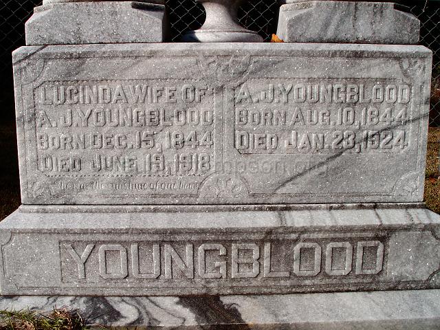 DSC01940.JPG - headstone of Lucinda Moore Youngblood (on left) and Andrew Jackson Youngblood (on right); Lucinda's headstone is marked: she was the sunshine of our home