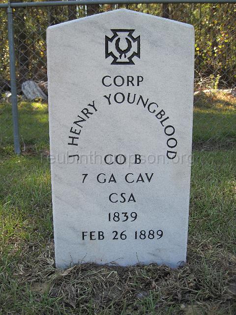 IMG_3785.JPG - Headstone of J. Henry Youngblood, older brother of Andrew Jackson Youngblood. J. Henry Youngblood enlisted in Company G, 32nd Georgia Infantry Regiment, then transferred into  Company C, 21st Battalion Georgia Cavalry Regiment when his younger brother, Andrew Jackson Youngblood joined the Company C, 21st Battalion Georgia Cavalry Regiment. The Company C, 21st Battalion Georgia Cavalry Regiment was later combined with other cavalry units to form the 7th Georgia Cavalry where the two Youngblood brothers served in Company B, 7th Georgia Cavalry.